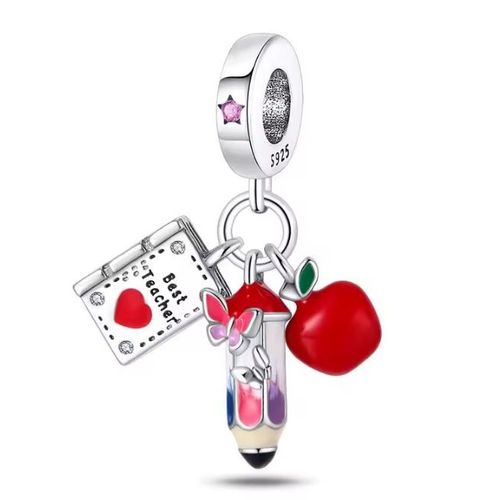 Charm / Breloque / Pendentif Pour Bracelet Best Teacher École En Argent S925 Et Zircons