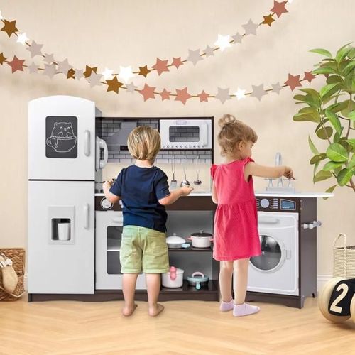 Costway Cuisine D'angle Xxl Pour Enfants De 3 Ans+ 8 Accessoires Avec Téléphone , Machine À Glaçons, Micro-Ondes, Machine À Laver