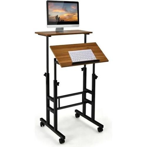 Costway Bureau Assis-Debout À Roulettes Table Imformatique Pour Ordinateur Hauteur Réglable Poste De Travail Style Moderne Noyer