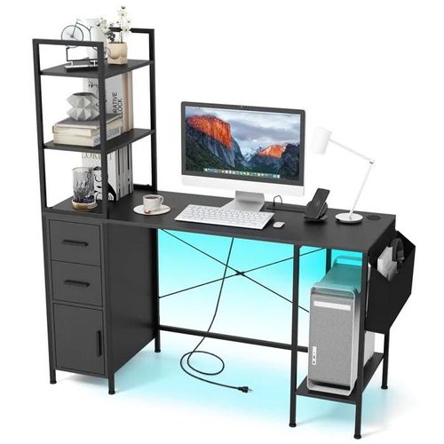 Bureau Avec Lumières Led - Costway - Prises De Courant - Étagères Ouvertes - 2 Tiroirs - Support Pour Processeur - Poche En Tissu
