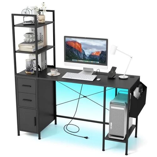 Bureau Avec Lumières Led - Costway - Prises De Courant - Étagères Ouvertes - 2 Tiroirs - Support Pour Processeur - Poche En Tissu