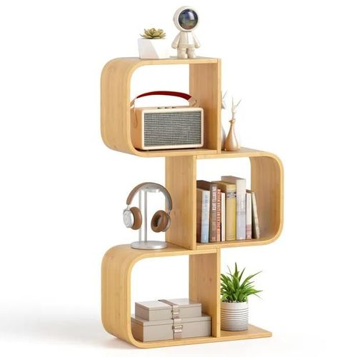 Costway Bibliothèque En Forme De 's' À 3 Niveaux, 3 Cubes Ouverts, Etagère De Rangement En Bambou Au Sol Pour Salon Bureau, Naturel