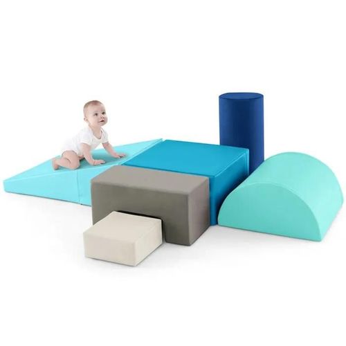 6 Pcs Bloc De Construction Enfants En Mousse Epe Costway-Housse En Pu-Jeu De Manipulation-Fermeture Clair-Bleu Clair