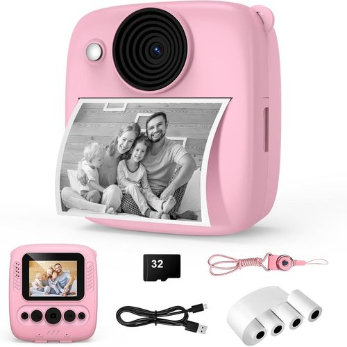 Appareil Photo Instantané Enfants, Appareil Photo Instantané Avec 1080P Hd Appareil Photo Numérique Carte Tf 32Gb Et 4 Rouleaux De Papier, Appareil Photo Enfants Cadeau Pour Filles Garçons De 3-14 Ans