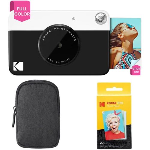 Appareil Photo Instantané Printomatic (Noir) Coffret Basique + Papier Zink (20 Feuilles) + Boîtier Deluxe + Courroie Confortable À Mettre Autour Du Cou