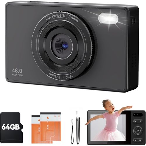64Go Appareil Photo Numérique Enfant: 16X Zoom 48Mp Numerique Compact Autofocus - 1080P Camera Vlog Digital Avec 2 Batteries Pour Fille Adolescents Débutants Adultes