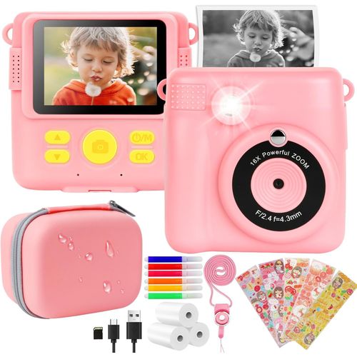 Appareil Photo Enfant Instantané 2,4'' - Appareil Photo Numérique Enfants 32Gb Sd Carte&Papier D'Impression,Stylos Colorés,Jouet Cadeau Filles Garçons De 3-12 Ans Étui De Protection (Rose)