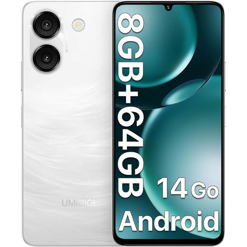 G9A Smartphone, Android 14 Go Telephone Portable, 8Gb+64Gb/1Tb Téléphone, 6.75''Hd Écran, 4G Double Sim Téléphone Portable, Octa-Core Processor/13Mp+8Mp Caméras/5000Mah Batterie - Blanc