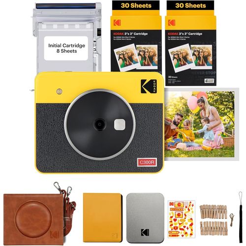 Mini Shot 3 Retro 4Pass Appareil Photo Instantané Et Imprimante Photo Portable 7,6X7,6 Cm + Paquet Cadeau Avec 68 Feuilles, Jaune