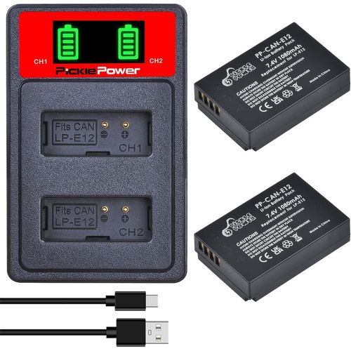 2Pcs Lp-E12 Batterie Et Led Dual Chargeur Pour Canon Eos M100, Sx70 Hs, Rebel Sl1, Eos 100D, Eos M, Eos M2, Eos M10 Eos M50 M50 Mark Ii Appareil Photo Numérique