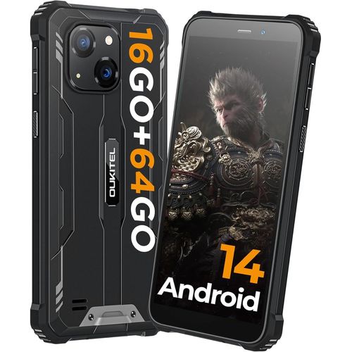 G2 Téléphone Portable Incassable Android 14, 16Go+64Go/1To Tf Smartphone Incassable, 6300Mah Batterie, 13Mp Caméra, 6.0"" Hd+ Telephone De Chantier, Dual Sim/Fingerprint/Otg/Gps, Noir