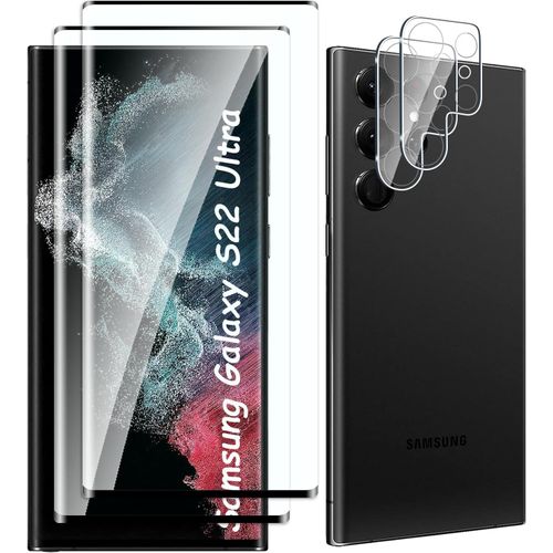 [2+2 Pièces Verre Trempé Pour Samsung Galaxy S22 Ultra Et Caméra Arrière Protecteur,Sans Bulles,9h Dureté,Anti-Rayures,3d Couverture,Hd Film Protection Ecran Pour Samsung Galaxy S22 Ultra