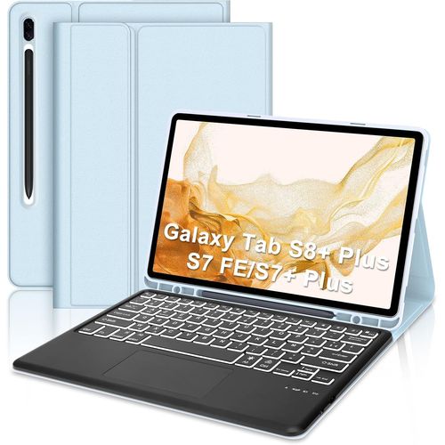 Clavier Avec Trackpad Pour Samsung Galaxy Tab Tab S7 Fe/Tab S7+ Plus/ S8+ Plus 12,4"" 2022/2021, Azerty Français Clavier Bluetooth Avec Pavé Tactile Pour Samsung Tab S8+/S7+ 12,4 Pouces, Bleu Ciel
