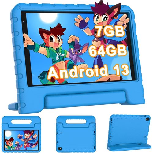 Tablette Enfants Avec Wifi 6, Android 13, 7Go Ram + 64Go Rom (1Tb Tf), Tablette Educative 8 Pouces Hd Écran Ips 1280 * 800, Contrôle Parental, Étui Antichoc Eva, Bleu