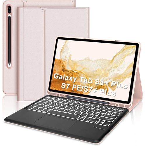 Clavier Avec Trackpad Pour Samsung Galaxy Tab S8+ Plus/Tab S7 Fe/Tab S7+ Plus 12,4"" 2022/2021, Azerty Français Clavier Bluetooth Avec Pavé Tactile Pour Samsung Tab S8+/S7+ 12,4 Pouces, Rose