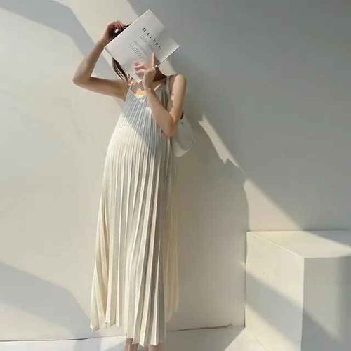 Robe De Maternité Sans Manches Pour Femmes,Jupe Plissée,Slim,Version Coréenne,Grande Taille,Robe Longue À Bretelles,Nouvelle Été