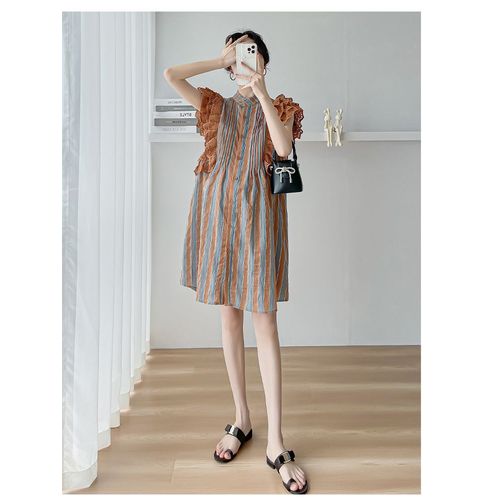 Robe En Mousseline De Soie De Style Coréen Pour Femmes Enceintes,Manches Volantes,Dentelle À Volants,Patchwork,Documents De Nuit,Rayé,Doux