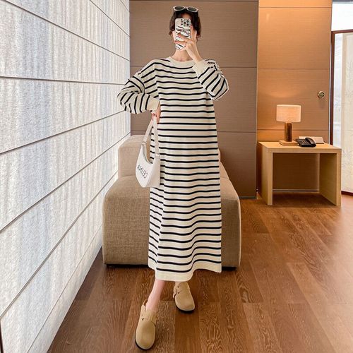 Robe Longue Rayée Surdimensionnée Pour Femmes Enceintes,Vêtements De Grossesse Décontractés,Tout Autre,Droite,Automne,Hiver,1055 -