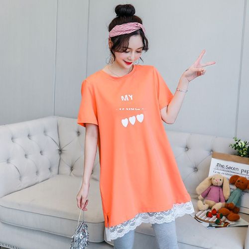 T-Shirt Long En Pur Coton Avec Bordure En Dentelle,Vêtements D'été,Style Coréen Décontracté