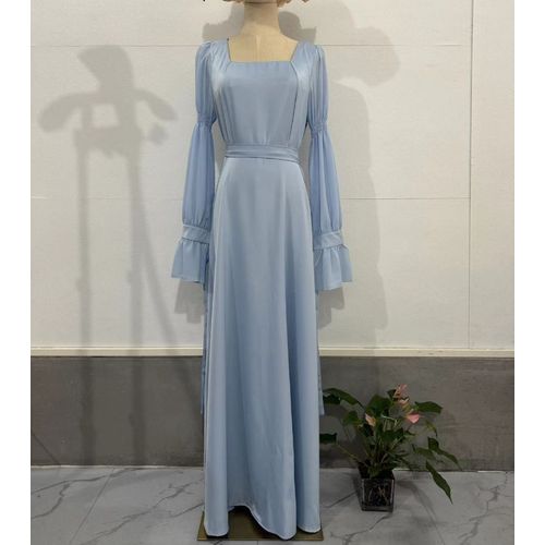 Robe De Soirée À Manches Longues Pour Femmes,Robe De Rhformelle,Ligne A,Bleu Ciel,Longueur Au Sol,Tout Ce Qui Est Avec Ceinture,Injsatin