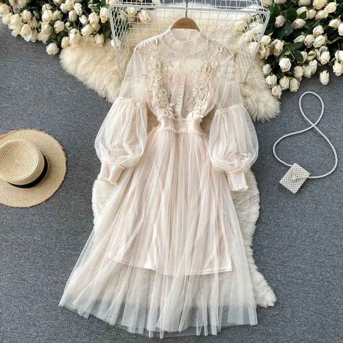Robe Tridimensionnelle En Maille À Fleurs Pour Femme,Col Montant,Manches Lanternes,Taille Haute,Slim