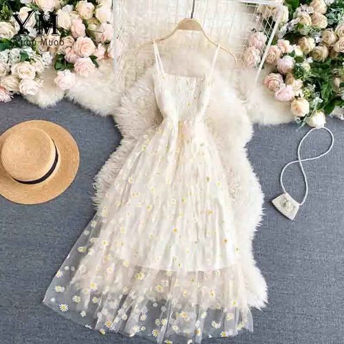 Yuoomuoo-Robe De Soirée En Maille Imprimée Andrflower,Deux Couches,Bretelles Spaghetti,Robe Mi-Longue De Vacances,Robe De Plage Éducative,Mode Coréenne,Détruire,Été