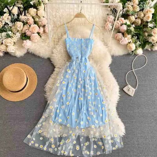 Yuoomuoo-Robe De Soirée En Maille Imprimée Andrflower,Deux Couches,Bretelles Spaghetti,Robe Mi-Longue De Vacances,Robe De Plage Éducative,Mode Coréenne,Détruire,Été