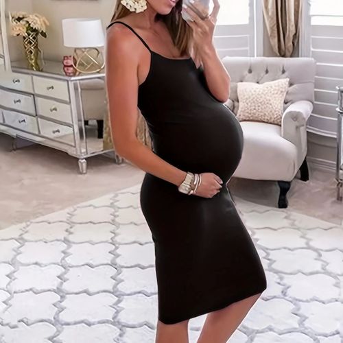 Robe À Bretelles Mi-Longue Pour Femme Enceinte,Couleur Unie