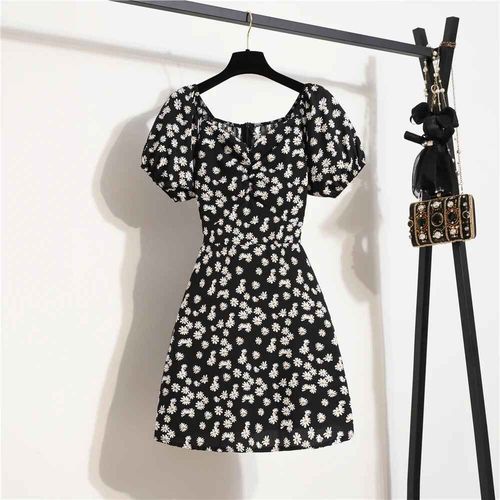 Mini Robe Plissée En Mousseline De Soie Pour Femmes,Tenue Décontractée,À Manches Courtes Bouffantes,Imprimée Florale,Éducative,Froncée,À La Mode,Été