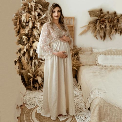 Robe Longue En Dentelle Et Coton De Style Bohème,Tenue De Séance Photo