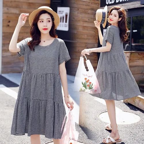 Robe D'été À Carreaux Mi-Longue Alteradt-Fit Pour Femmes,Robe Trapèze À La Mode Pour Dames Enceintes
