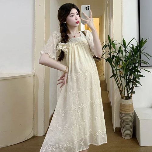 Robe Élégante Mi-Longue Pour Femme Enceinte,Broderie,Style D'été,Col Carré,Vêtements Alternatifs