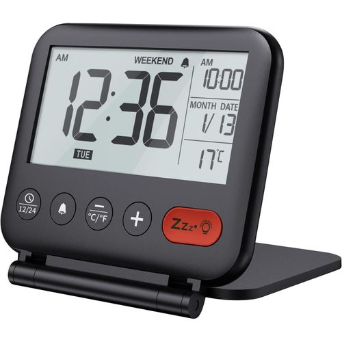 Réveil De Voyage Mini Horloge Numérique Lcd Portable Avec Calendrier Rétroéclairé 12/24H Température Miroir De Maquillage Petite Horloge De Bureau Pliable À Piles (Noir)