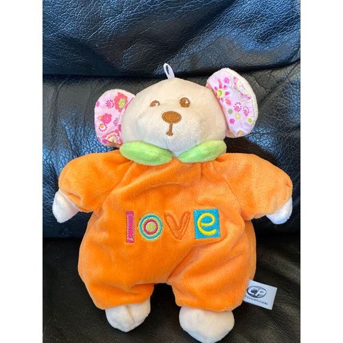 Peluche Doudou Souris Orange Love Hochet Col Vert Oreilles Rose À Fleurs Cp International 20cm