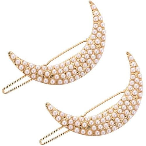 2pcs Pearl Hair Clips Simple Hollow Moon Pearl Hairpin Fine Beauty Style Word