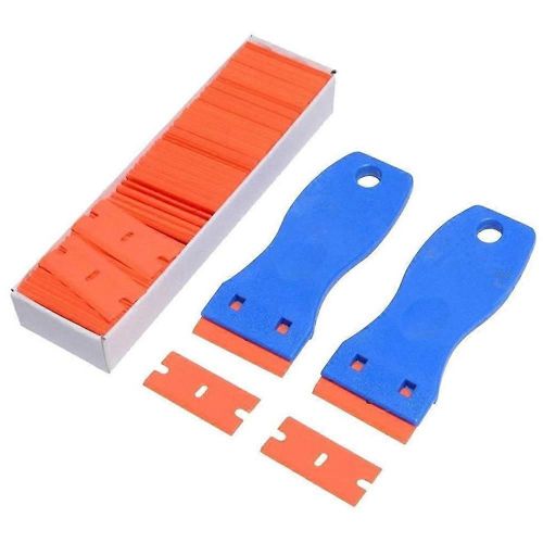 2pcs Rasoirs En Plastique Grattoir avec 100 Pcs Tête De Grattoir Durable Flexible Fenêtre Raclette pour Voiture Maison Verre Propre