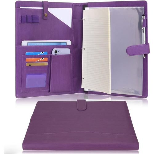 Wonderpool Porte-Documents En Cuir A4 Padfolio Anneaux Planchettes À Pince Classeur Ramovible Avec Portebloc Notes Et Organiseur Multi-Poches Pour Bureau Conférence Réunion Et Travail (Violet)