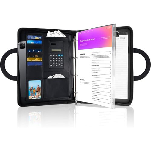 Porte-Documents A4, Conférencier Zippé En Pu Cuir, Avec Calculatrice, Compartiments Pour Cartes Et Bloc-Notes, Pochette Pour Tablette, Classeur À Anneaux, Poignées Magnétiques 34 X 25 Cm (Noir)