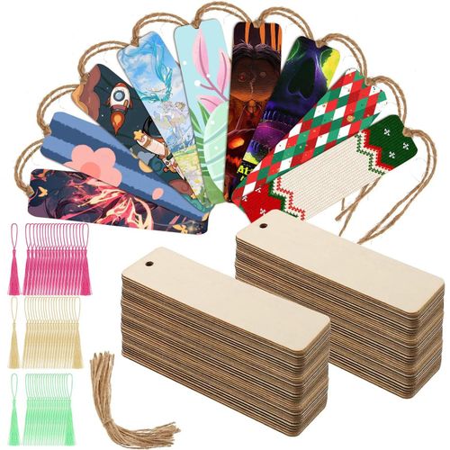 Lot De 60 Marque-Pages Vierges En Bois Avec 60 Pompons Et 60 Cordes, Étiquettes Rectangulaires En Bois Pour Loisirs Créatifs, Noël, Mariage, Fête D'anniversaire