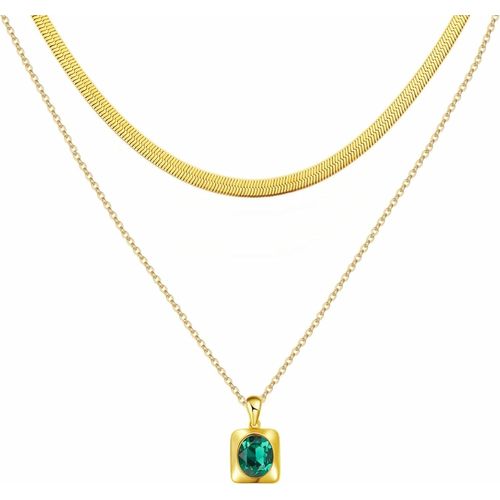 Collier Pendentif Choker À Couches Séparées 18k Plaqué Or Serpent Chevrons Chaîne Empilable Plate Rectangle Gemme Cristal Zircon Collier Cadeau D¿Ensemble De Bijoux Dainty