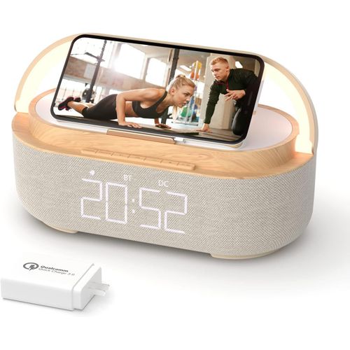 Radio Fm Réveil Matin Digital Avec Chargement Sans Fil, Multifonctionnel Avec Port De Chargement Usb, Enceinte Bluetooth, Affichage Led, Lampe Avec Support De Téléphone Portable, M