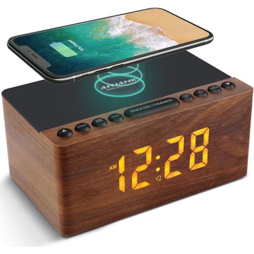 Radio Réveil Numérique En Bois Avec Radio Fm,Station De Charge Sans Fil Rapide Pour Iphone/Samsung Galaxy,Alarm Clock Et Affichage Led,Variateur À 5 Niveaux,Port Usb,Minuterie De Sommeil, Marron