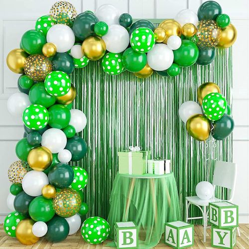 Kit d¿arche de guirlande de ballons vert or, ballons en latex de confettis de chrome métallisé vert foncé or blanc or avec 2 rideaux à franges en aluminium ballon pour douche de bébé