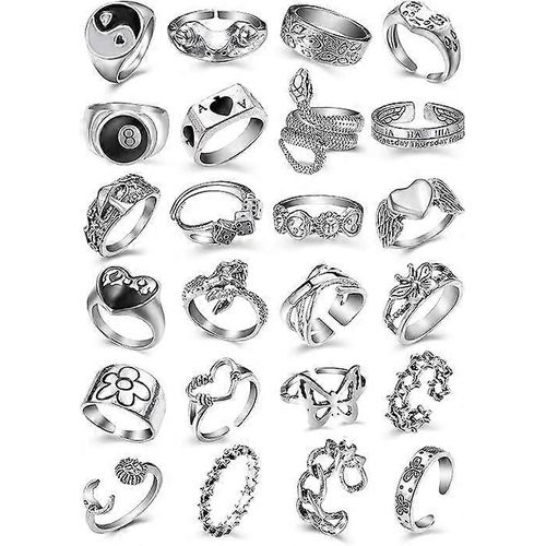 Vintage Argent Ouvert Punk Anneaux Pour Hommes Femmes, 24pcs Anneaux Réglables, Cool Gothic Bague, Déclaration Anneau D¿Empilage, Tête De Mort Serpent Étoile Fleur Coeur Y2k Bague