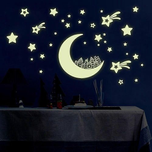 Autocollants muraux étoile de lune sombre pour chambre d¿enfants 2 PCS, lumineux 3D autocollant mural amovible bricolage autocollant fluorescent pour garçons et filles Bedro