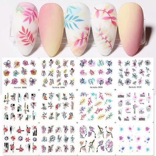 Autocollants Nail Art Abstraits, Ligne Nail Décalcomanies Transfert d¿eau Blooming Nail Stickers Graffiti Courbe Papillon Feuille Fleur Nail Tattoo Stickers pour les femmes