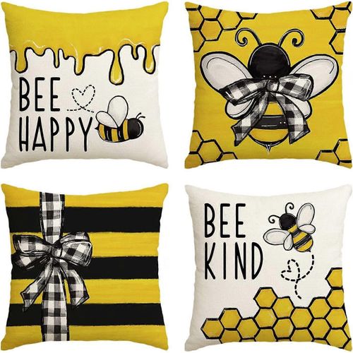 colorlife Bee Happy Bee Kind Housses de Coussin, 18 x 18 pouces miel et abeille Coussin d¿été Décoration pour canapé canapé Ensemble de 4