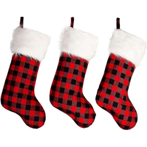 3 Pack 18 Pouces Bas De Noël Classic Buffalo Red Black Plaid Avec Peluche Snowy Faux Fur Cuff Fireplace Hanging Ornaments