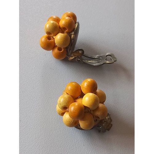 Boucle D Oreilles Clips Vintage Perles Bois