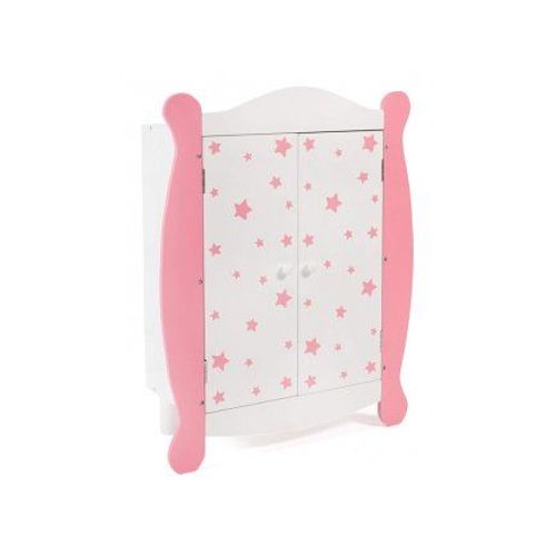 Armoire De Poupee En Bois, Etoiles Rose, 22x46x59cm - Avec Tringle, Cintres - Penderie, Dressing Vetements - Set Meuble Poupon Et Carte
